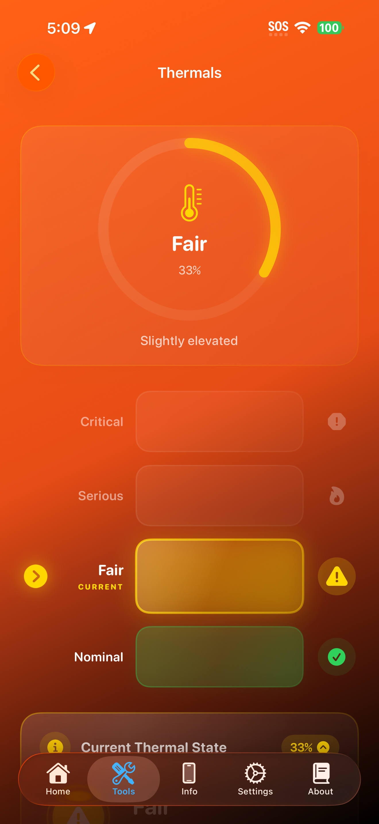 Thermals tool showing the current state card and recommendation card