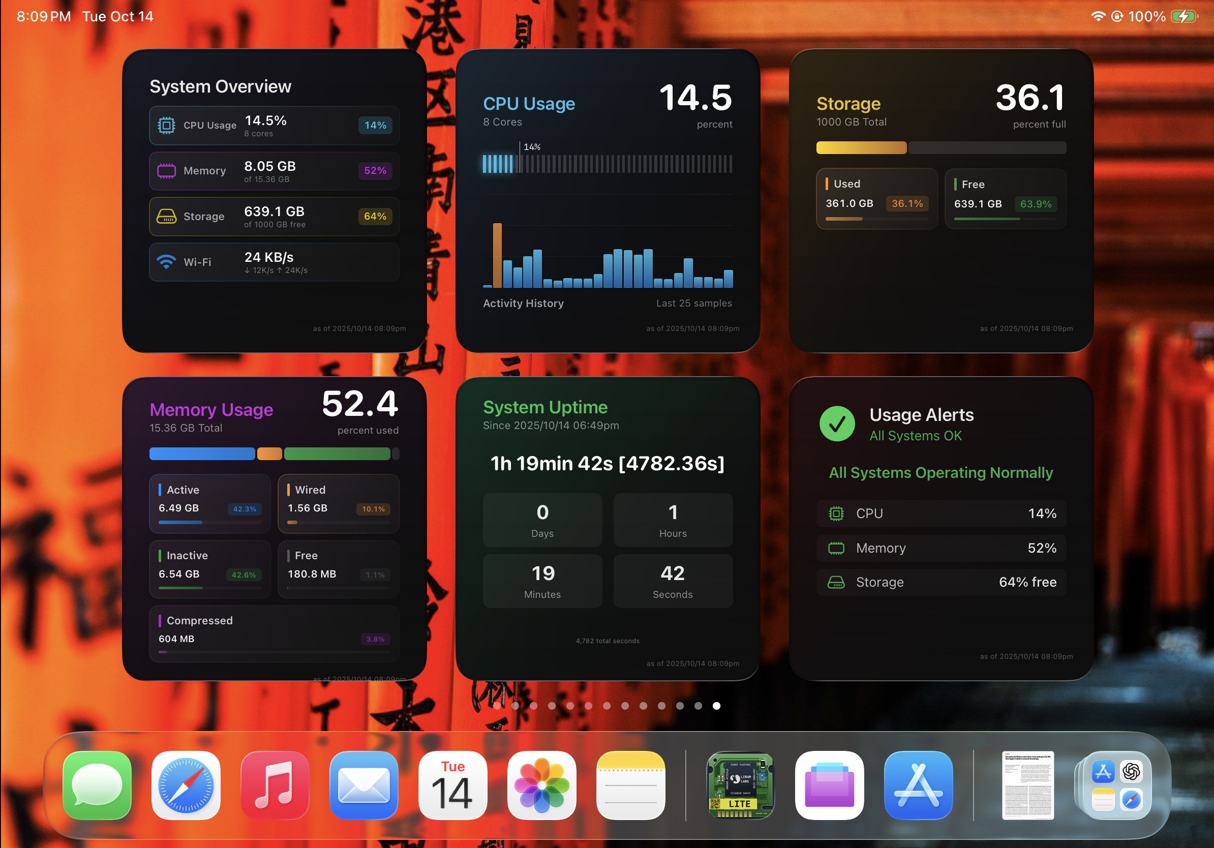 iPadOS Home Screen showing multiple Lirum widgets such as System Overview, CPU Usage, Memory Usage, System Uptime, Storage, and Usage Alerts