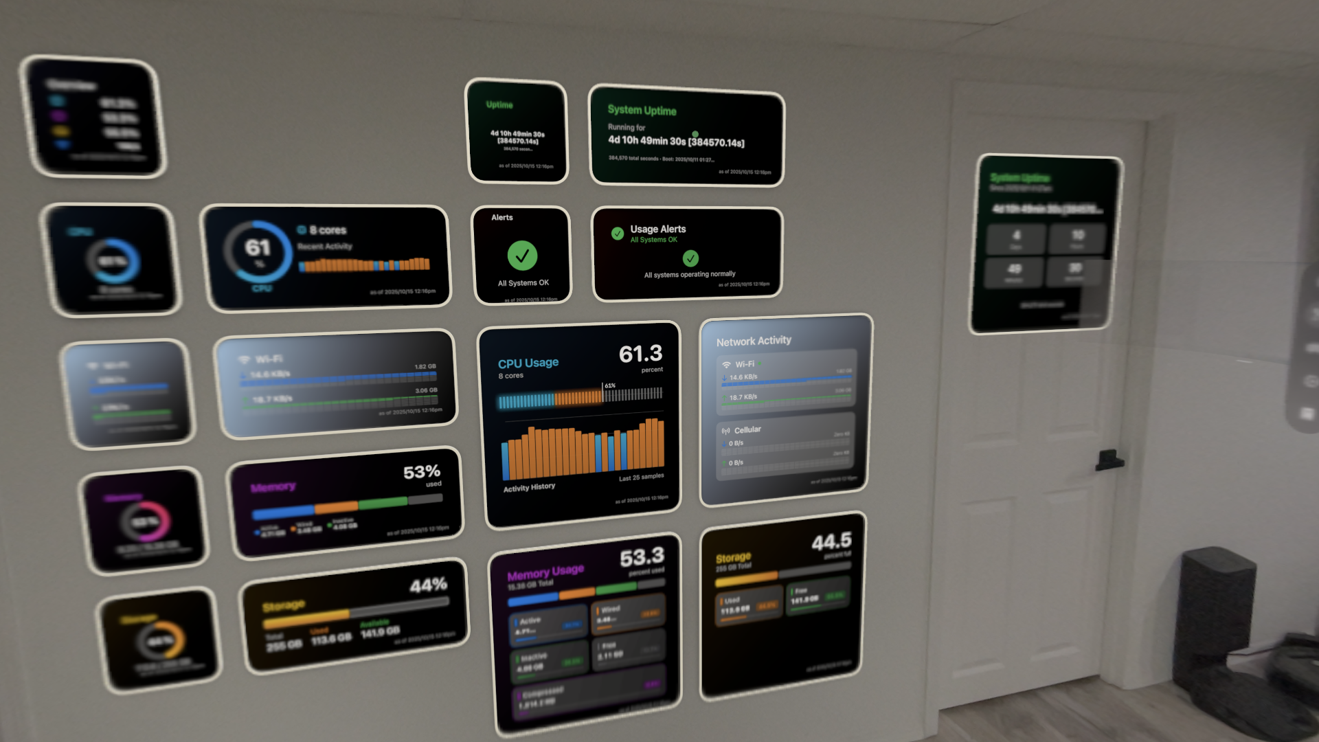 visionOS environment showing multiple Lirum widgets placed on a wall