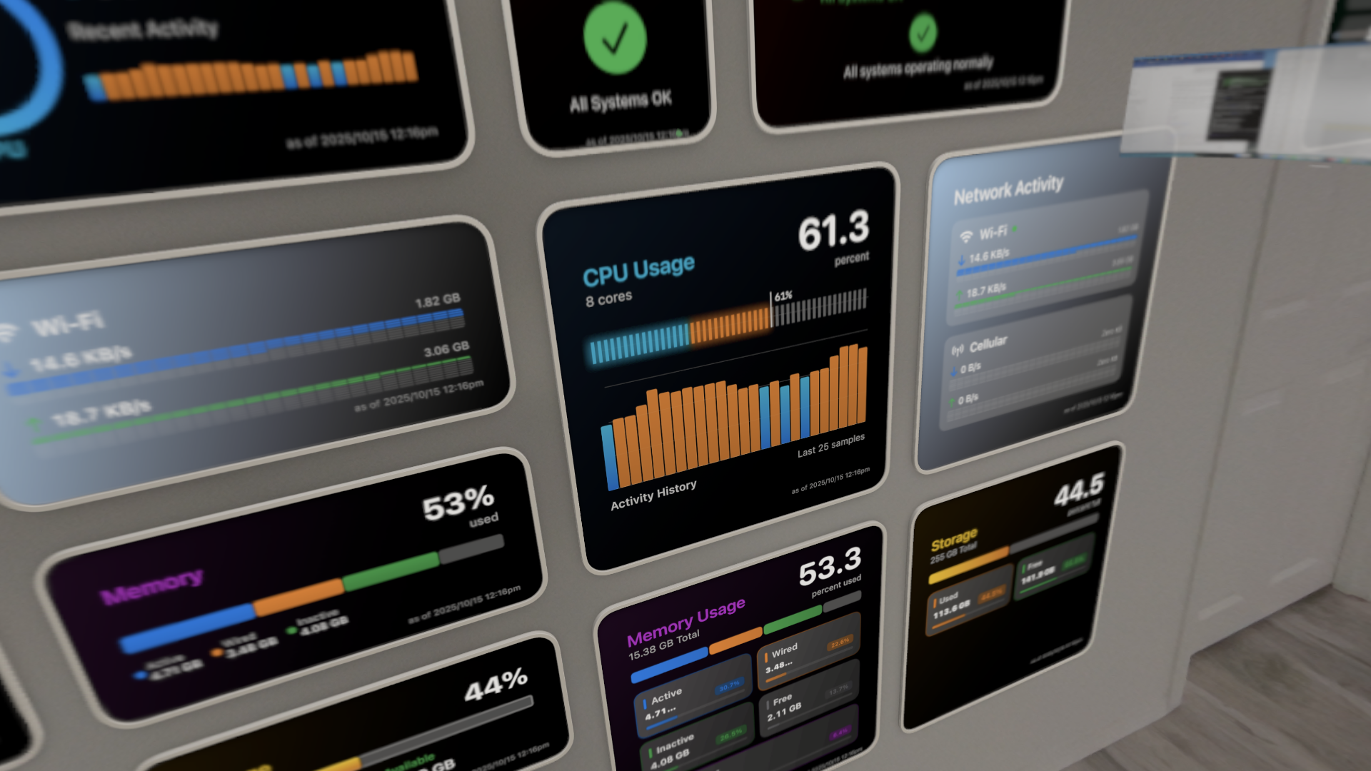 visionOS environment view showing multiple widgets including uptime and alerts