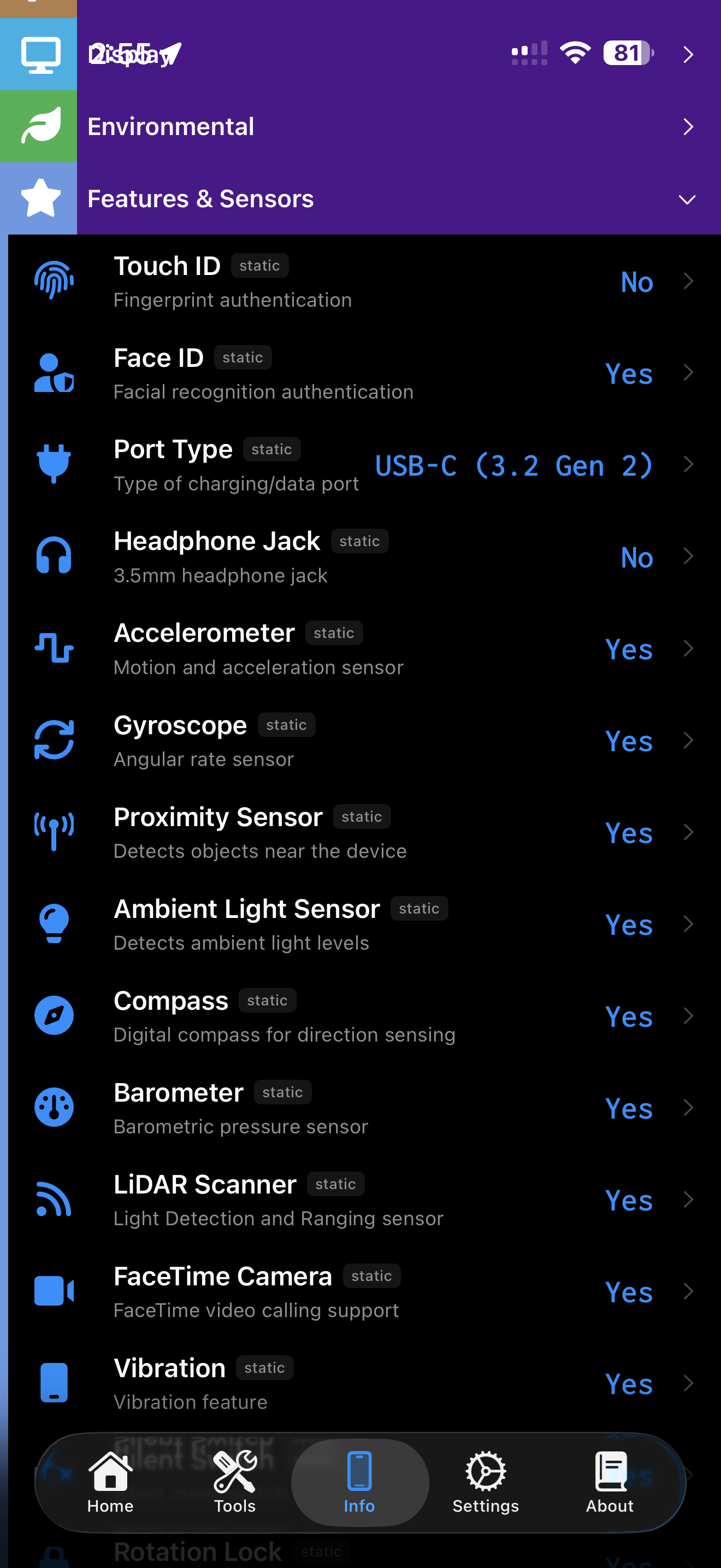 Device Information / environmental: device info environmental details