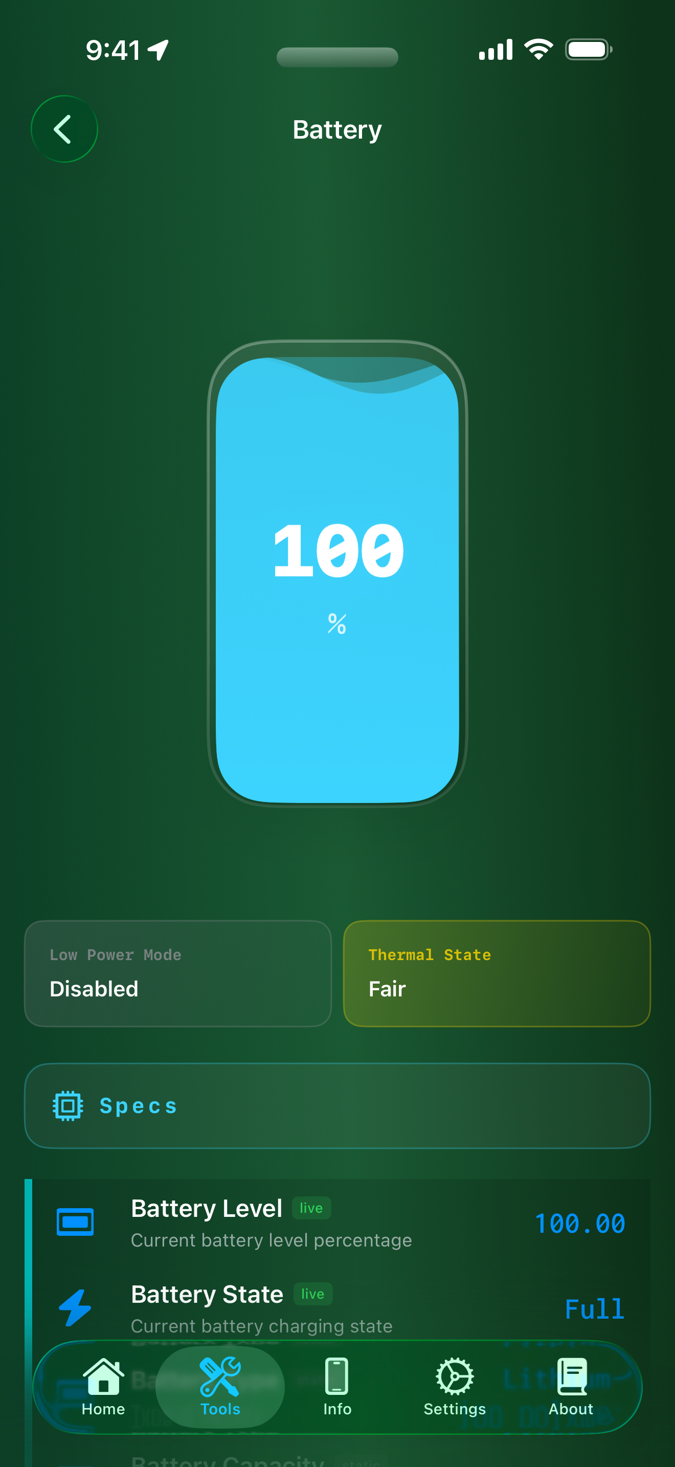 Panoramica dello strumento Batteria che mostra la visualizzazione della batteria e l'intestazione della sezione Specifiche
