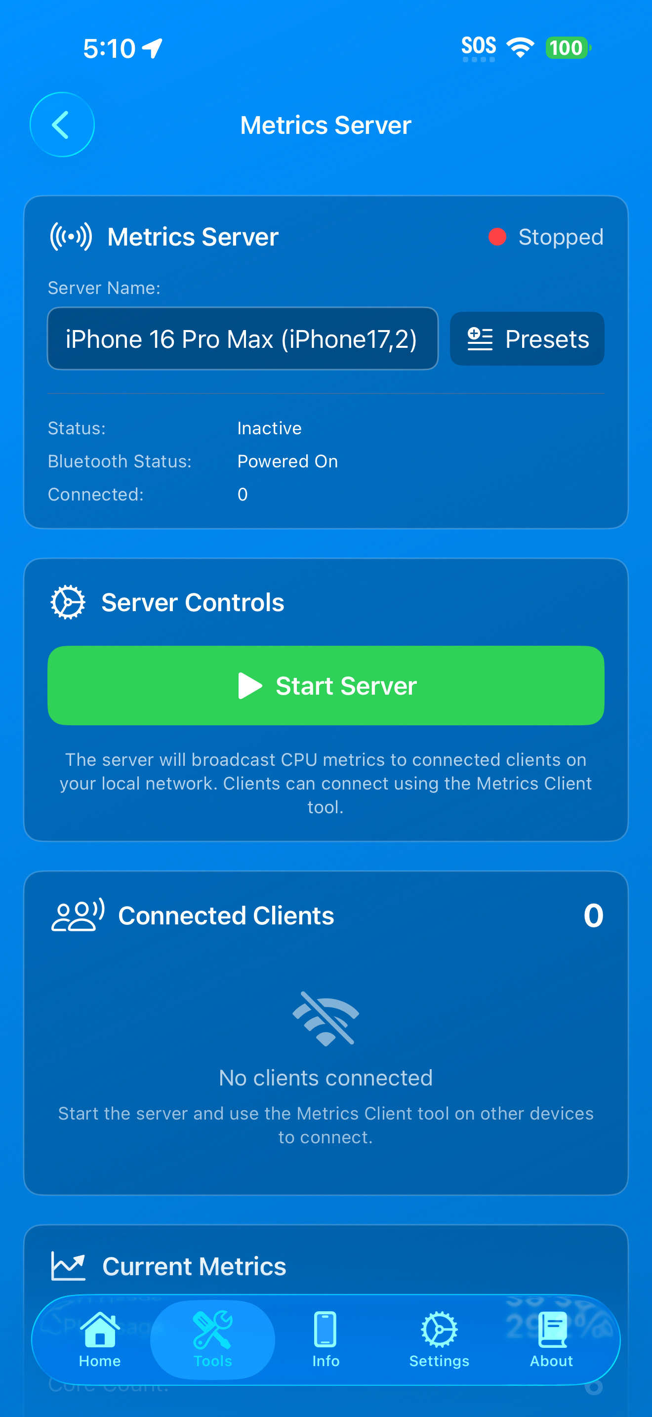Tools / metrics server: metrics server screen