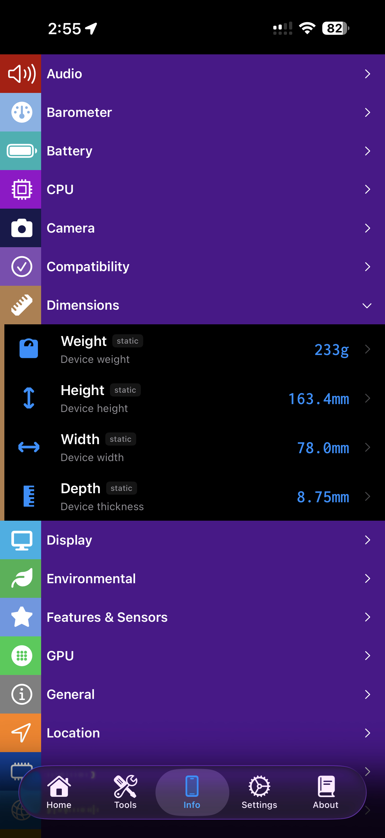Device Information / dimensions: device info dimensions details