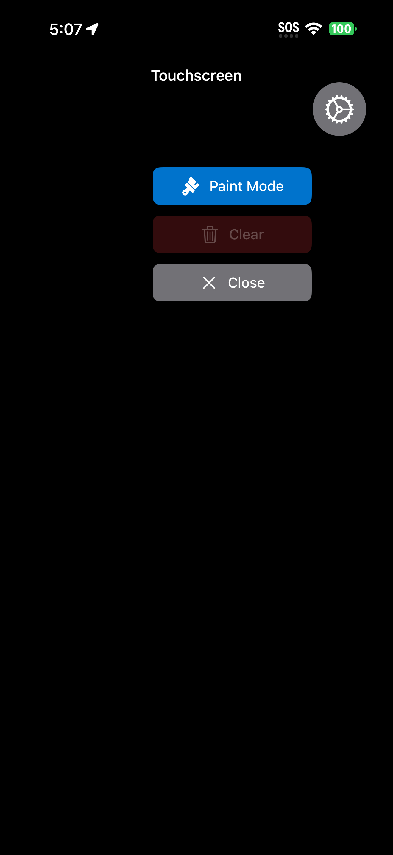 ペイントモード、クリア、閉じるボタンを表示するTouchscreenのコントロールメニュー