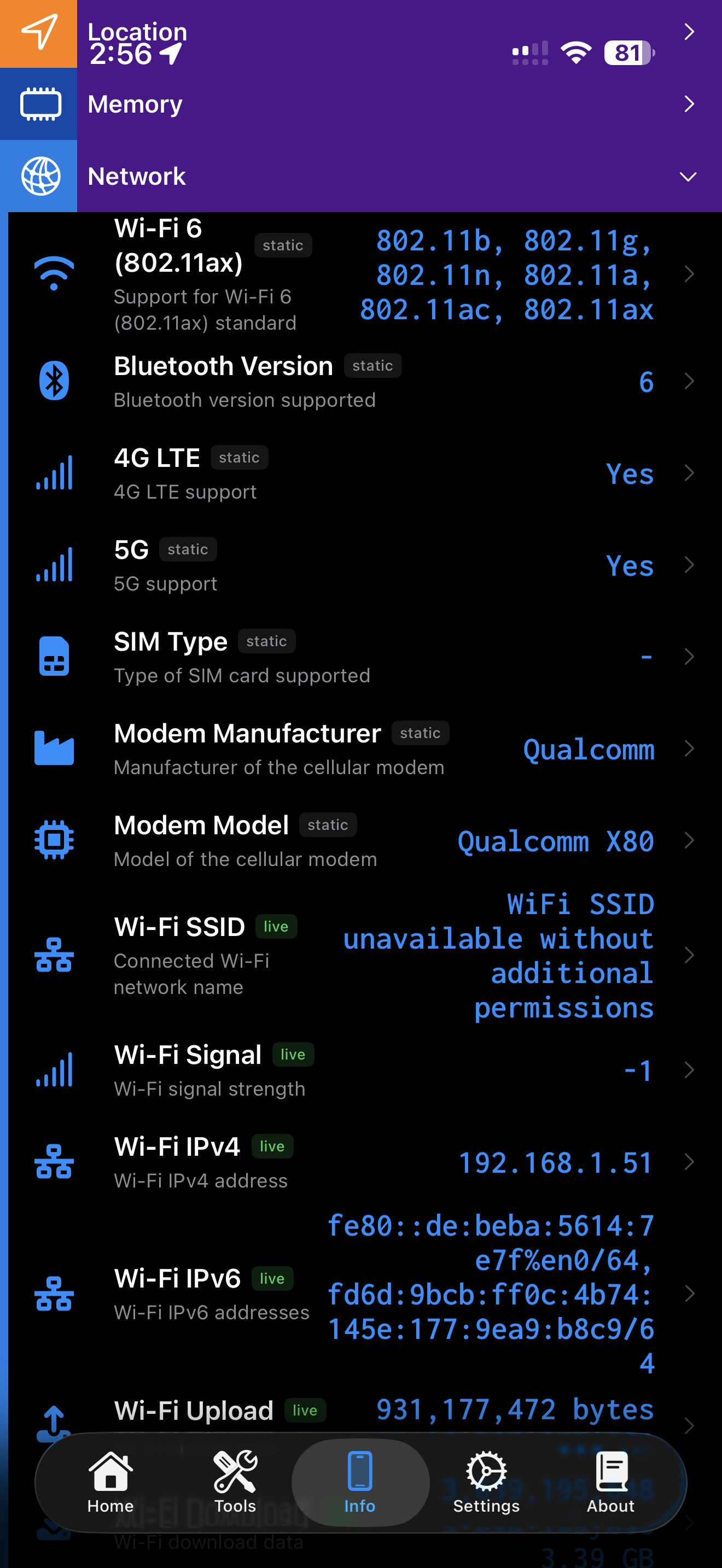 Device Information / network: device info network details