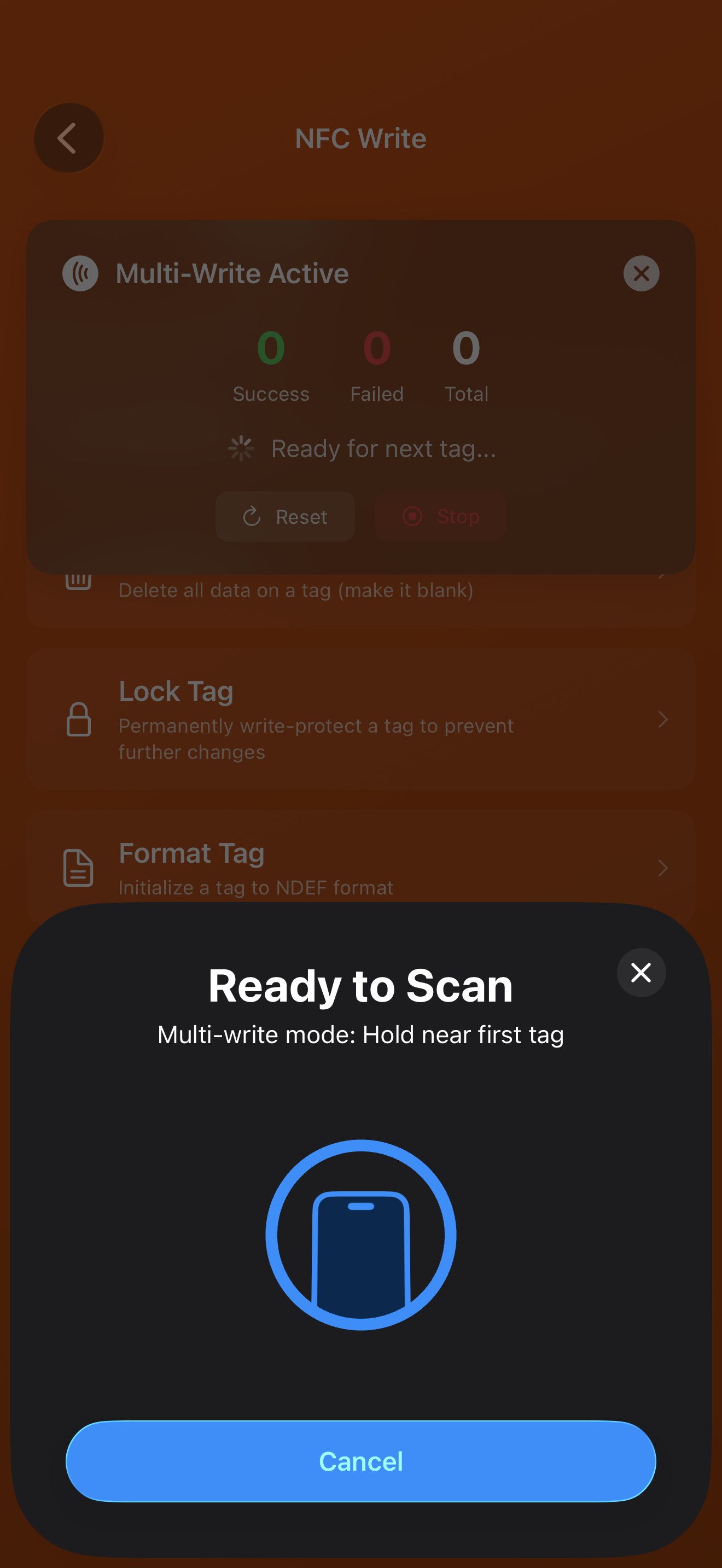 NFC Write Advanced 탭에 복사, 지우기, 잠금, 포맷, 다중 태그 복사 작업이 표시됨