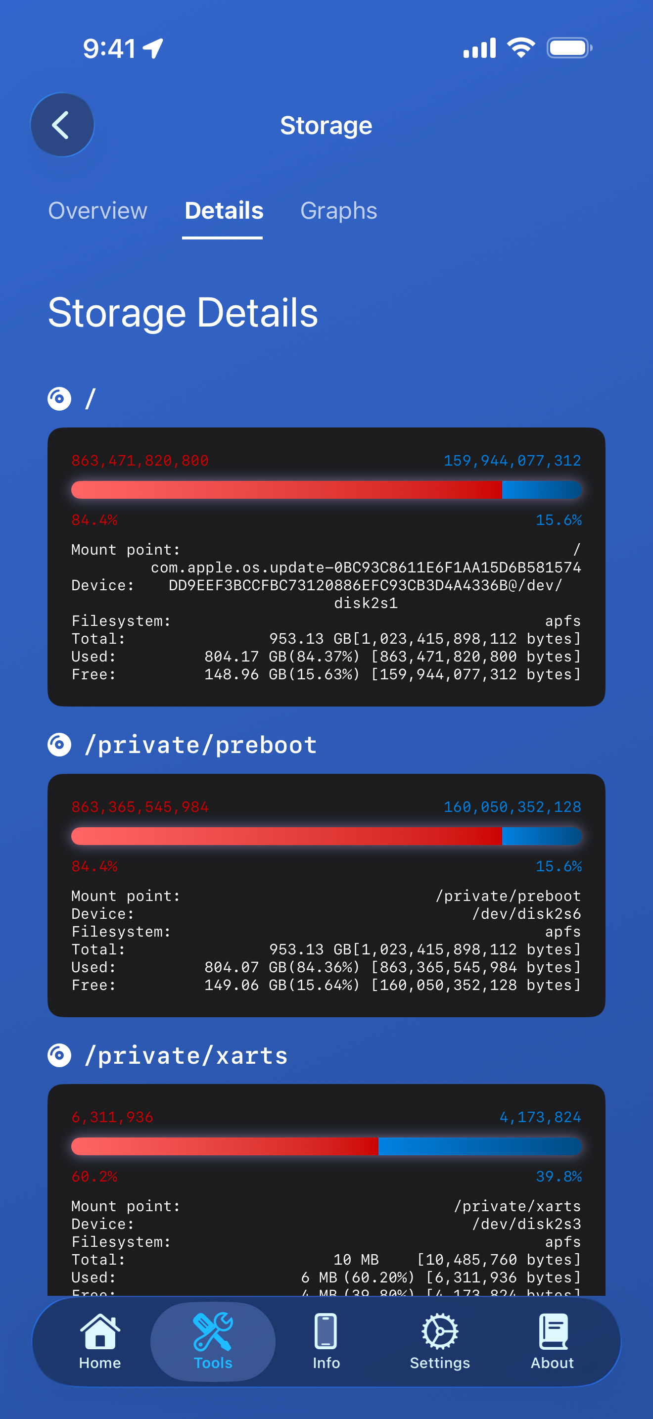Tools / storage: storage details