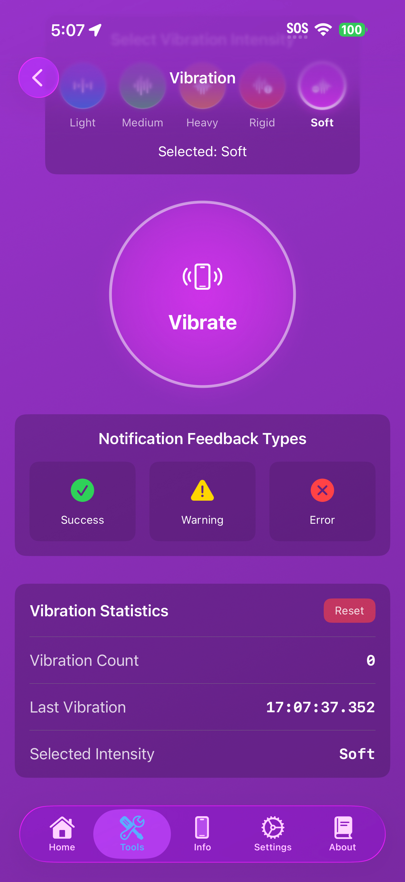 Tools / vibration: vibration stats reset