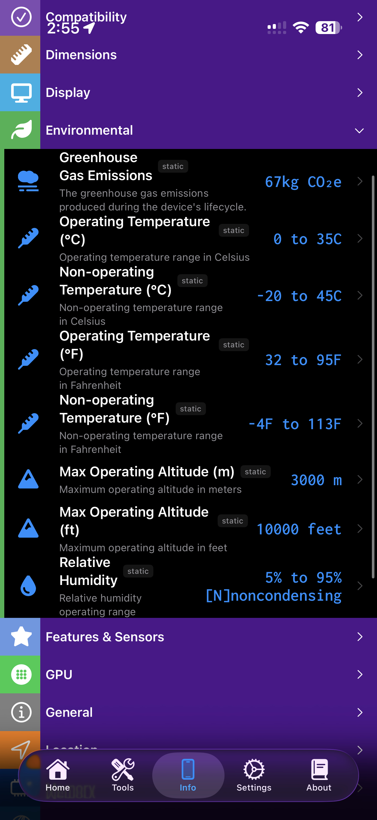 Device Information / features and sensors: device info features and sensors details
