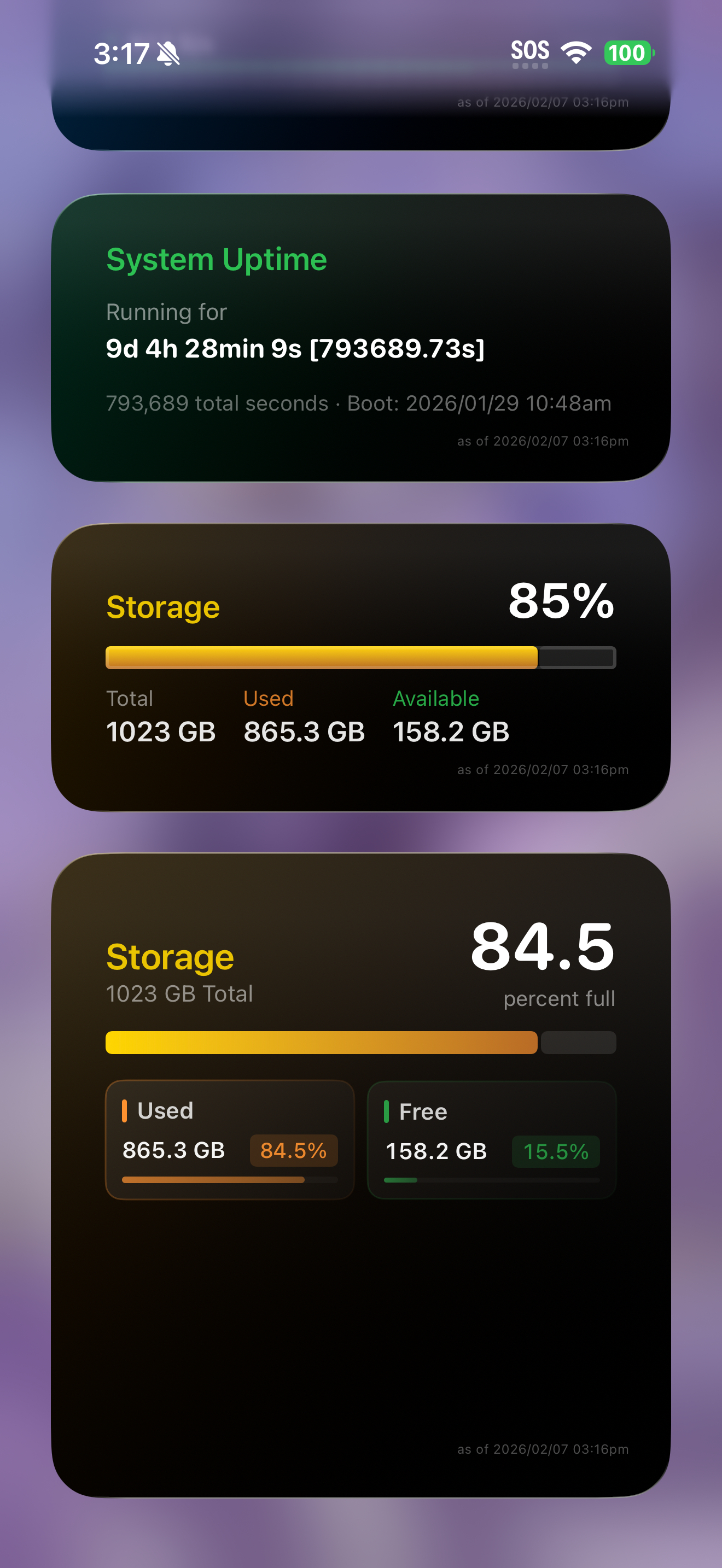 Widgets de armazenamento iOS em diferentes tamanhos mostrando armazenamento total, usado e livre