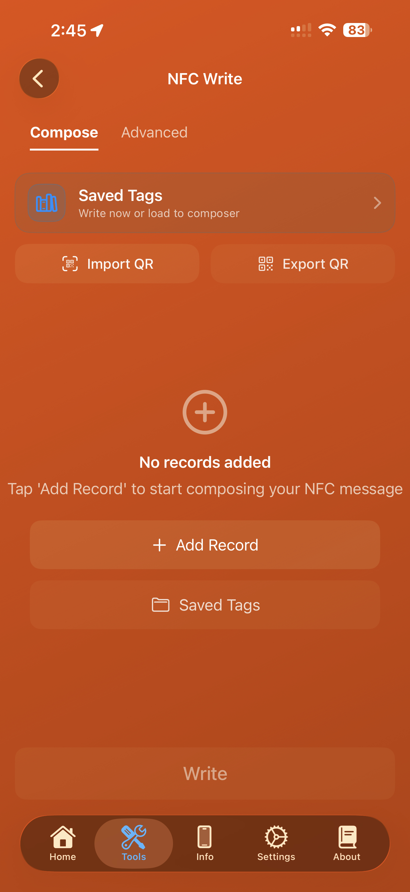 Tools / nfc write: nfc write screen