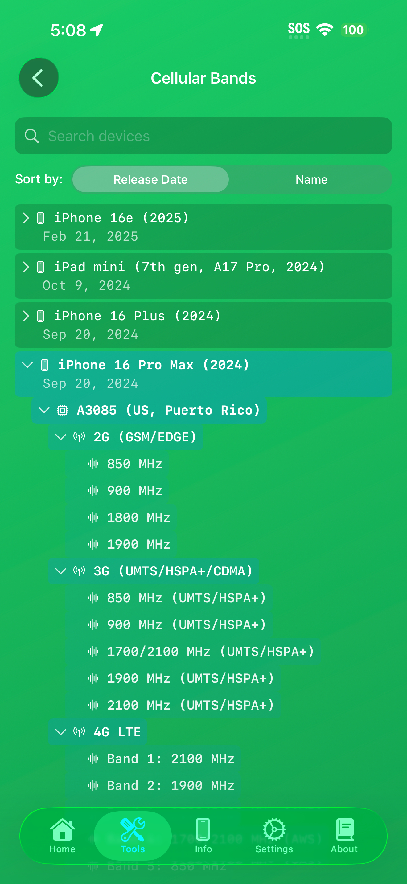Tools / cellular bands: cellular bands screen