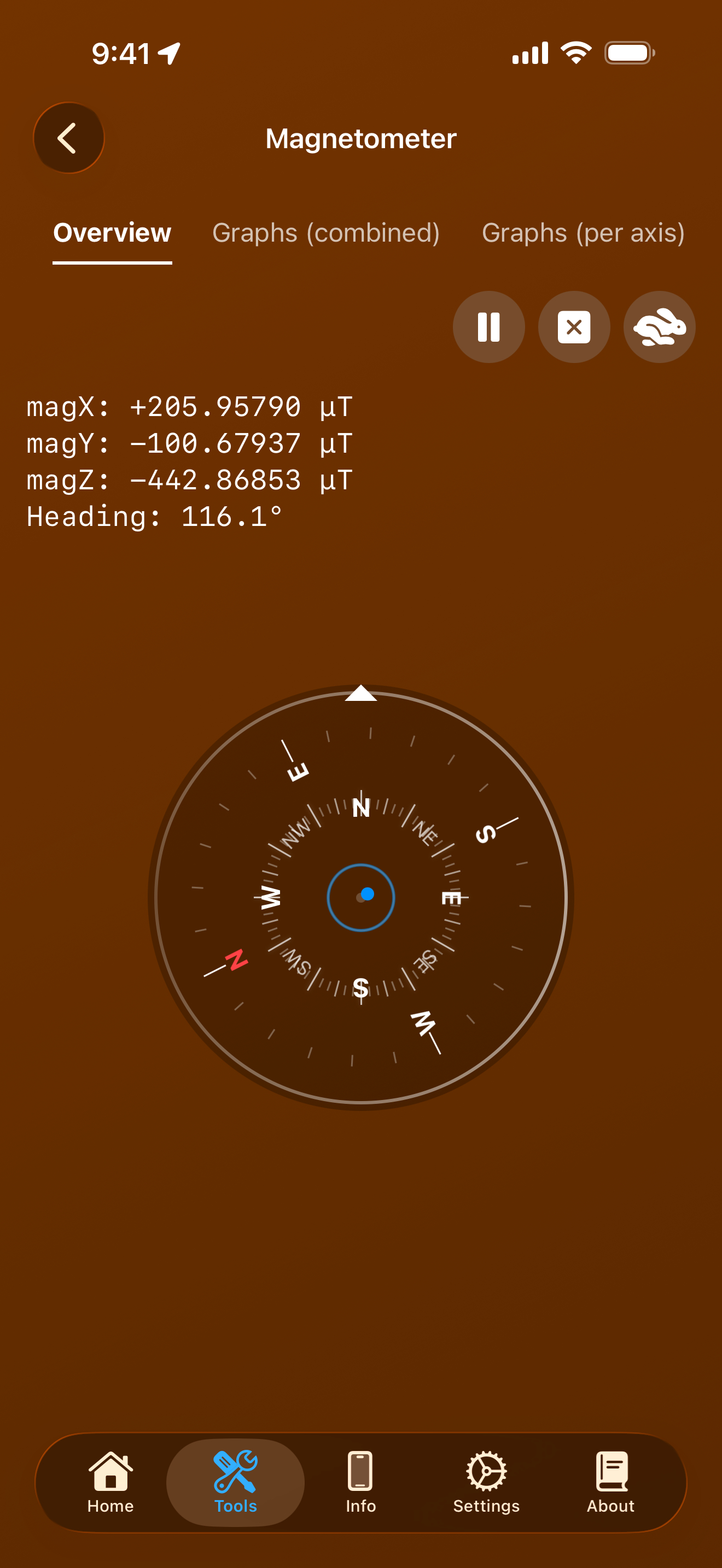 Tools / magnetometer: magnetometer screen