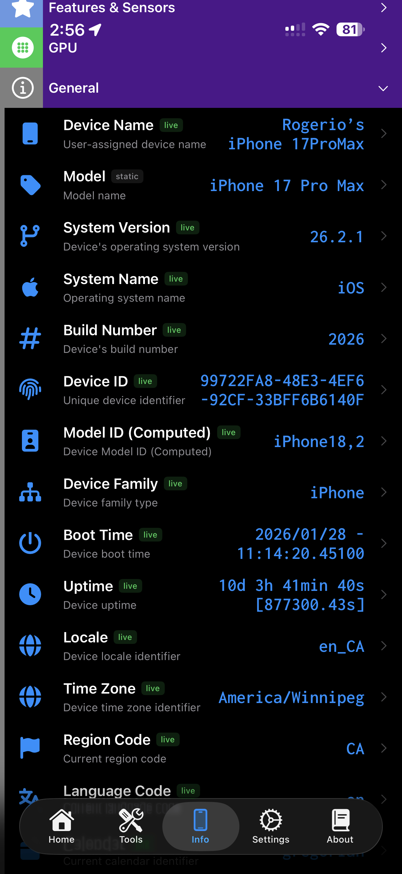 Device Information / general: device info general details