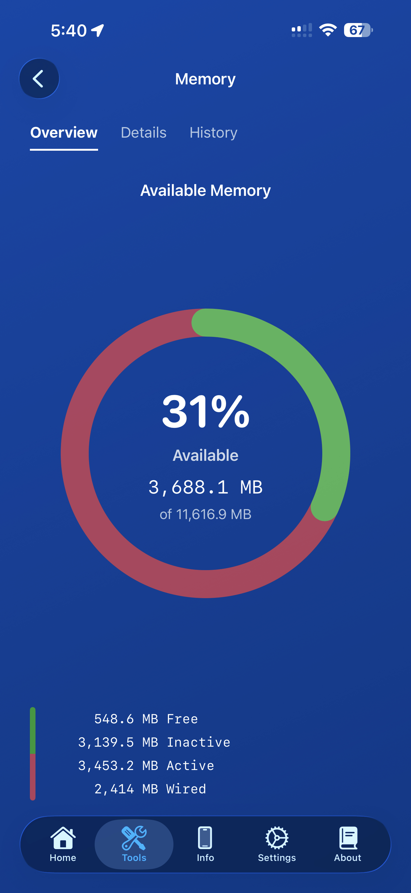 Tools / memory: memory screen