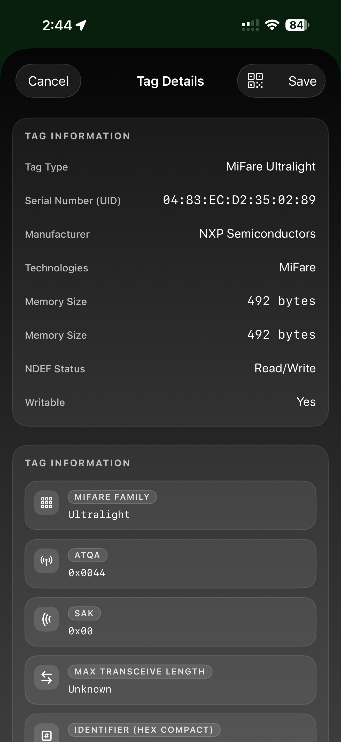 Tools / nfc read: nfc read tag details